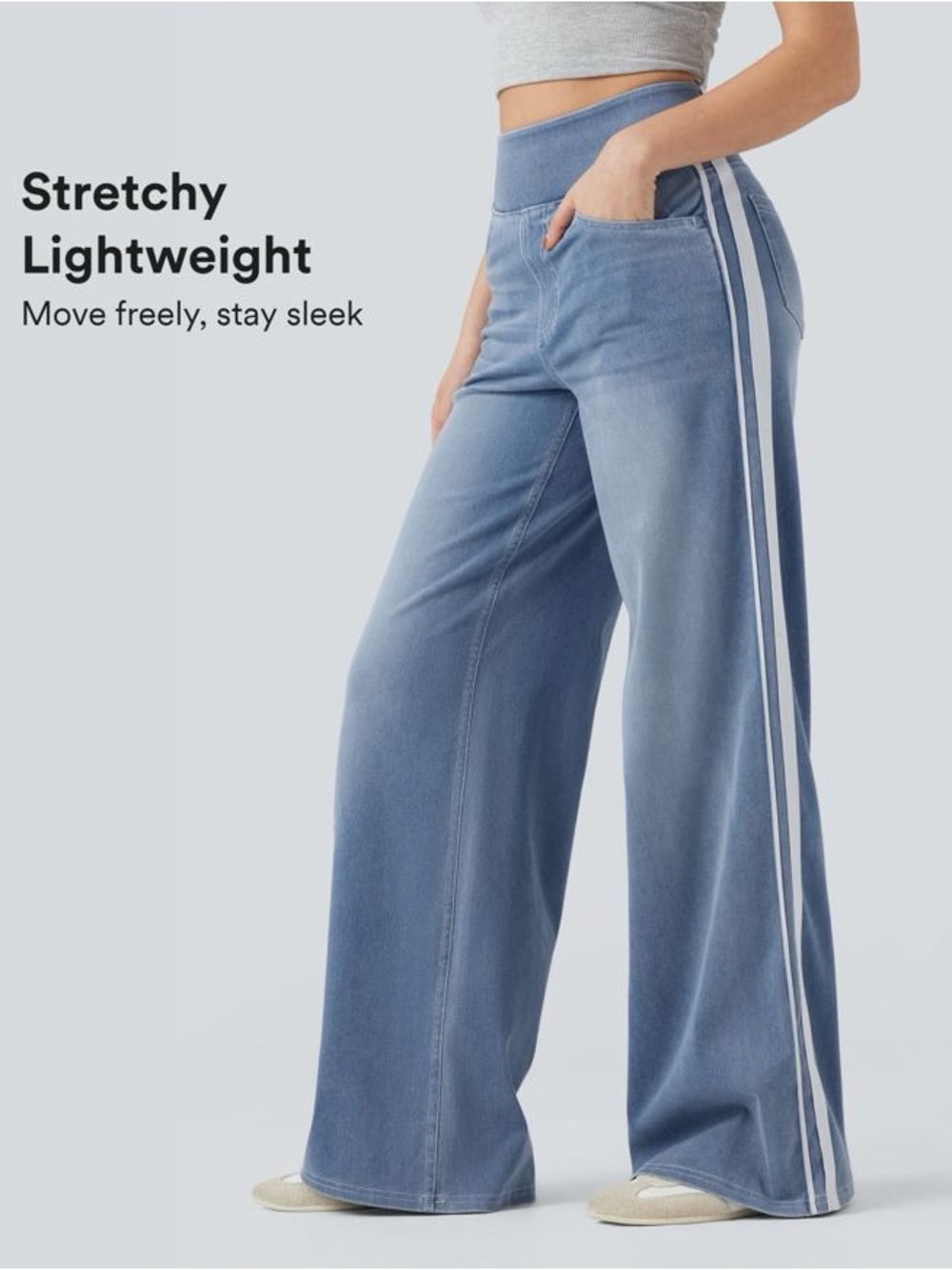 Halara Flex™ High Waisted Stripe Wide Leg Flowy Washed Casual Jeans with Pockets
